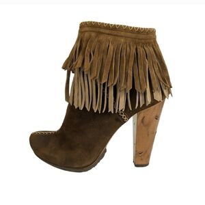 Cowboy Western Fringe Heeled Boots Made in Italy Brown Sz 39 (8.5) NWOB